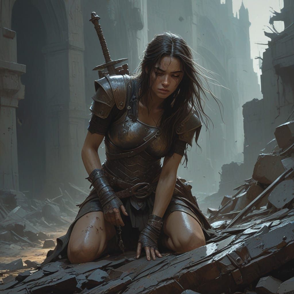 Warrior Woman's Despair in Ruined Castle