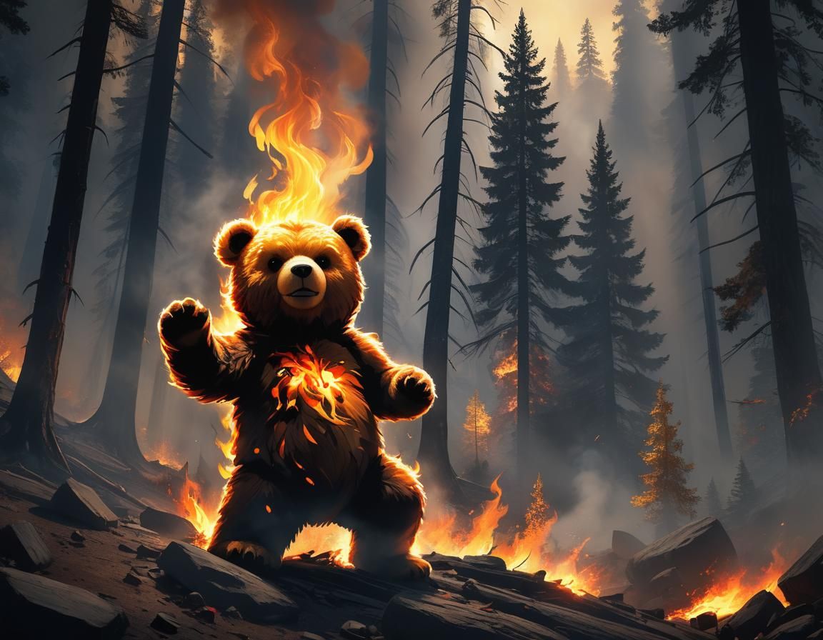 Baby Teddy Bear Caught Unseasonably in the Forest Fire