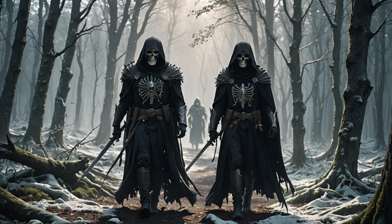 Grim Reaper in White Forest with Female Warrior