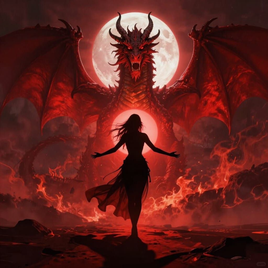 Dark Fantasy Art: Woman Commands Red Dragon