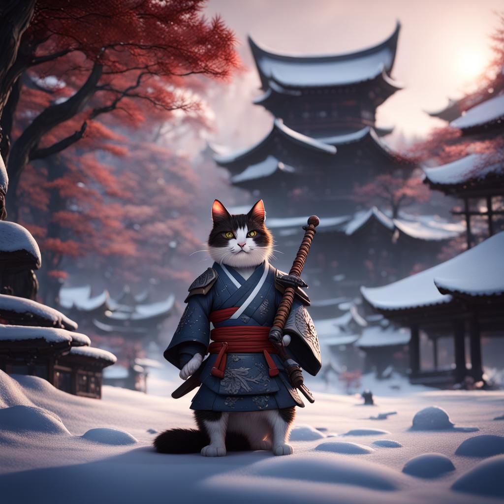 Samurai Cat in Snowy Twilight, Detailed Matte Painting
