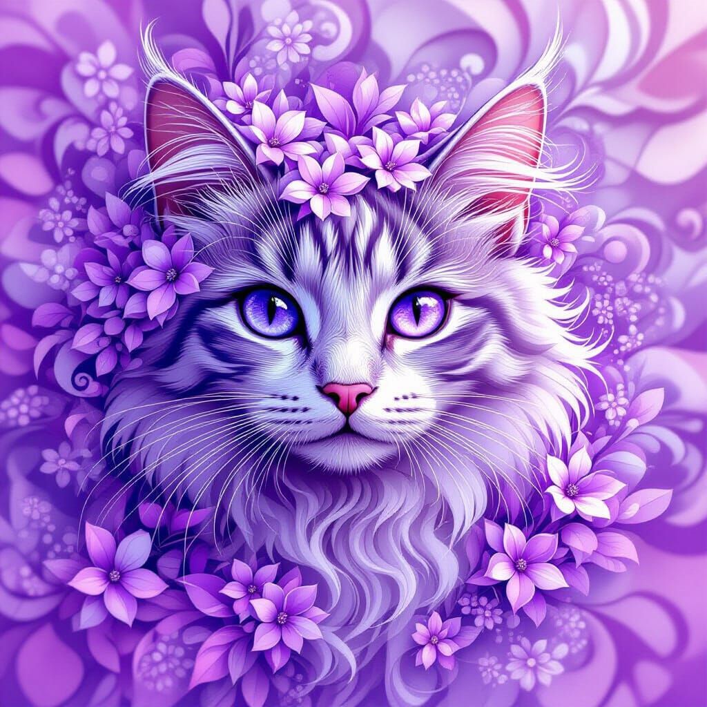 Cat with Lilac Eyes and Abstract Fractal Designs
