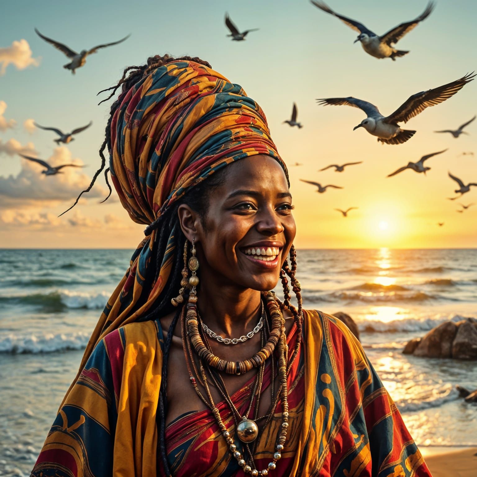 Surreal Graphic Novel Nubian Queen Basks in Dawn's Radiance