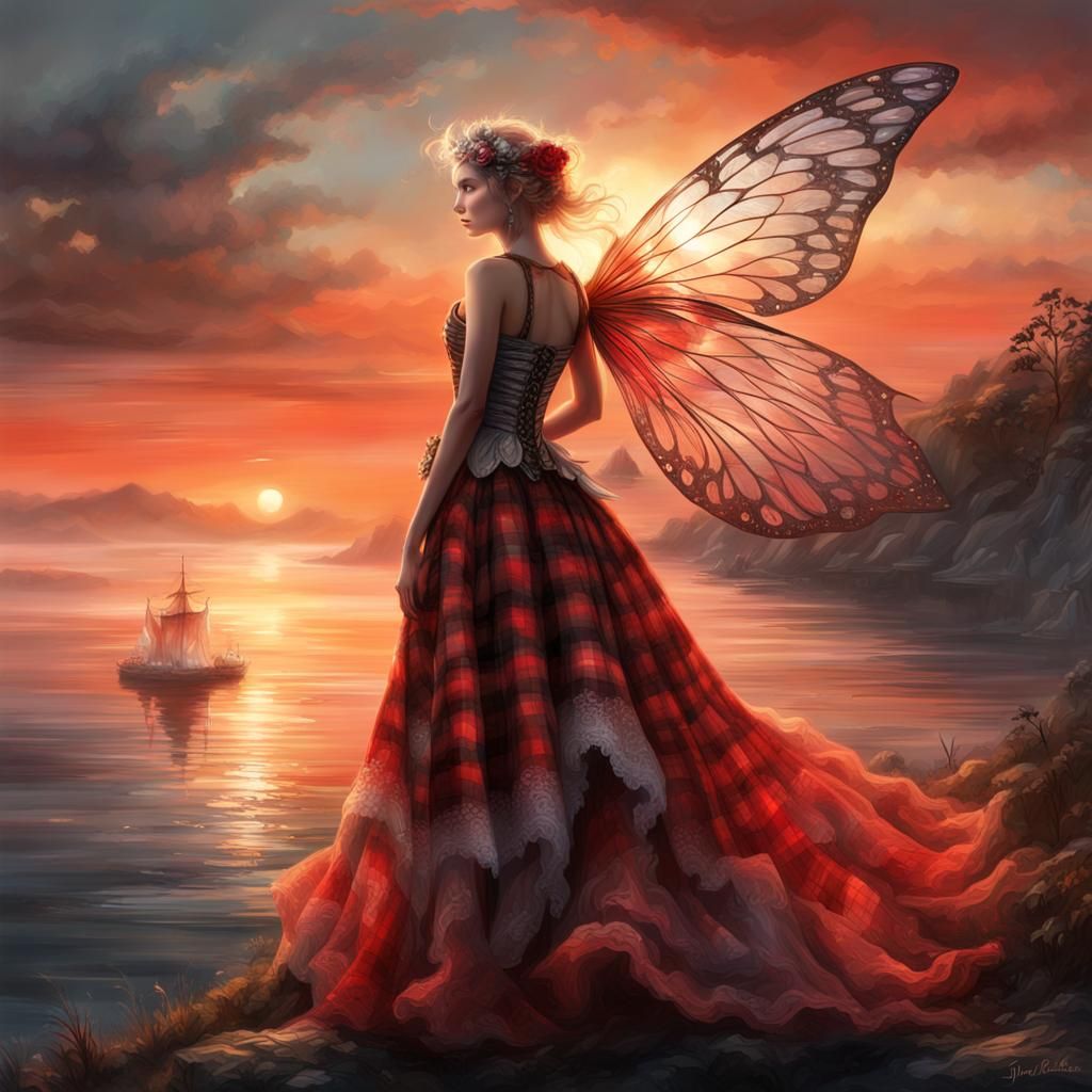 Fairy in Plaid Dress at Sunset, Digital Painting