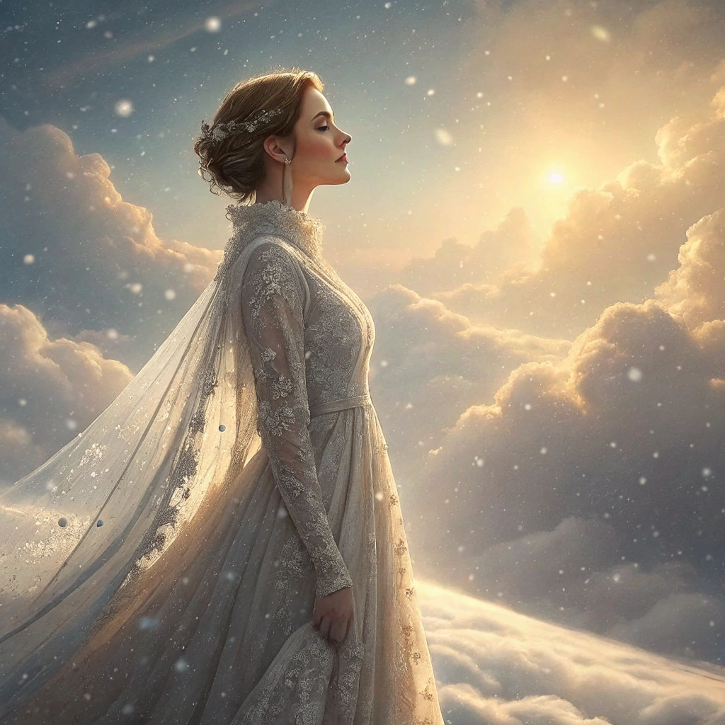 Woman in Wedding Dress Amidst Heavenly Snowfall