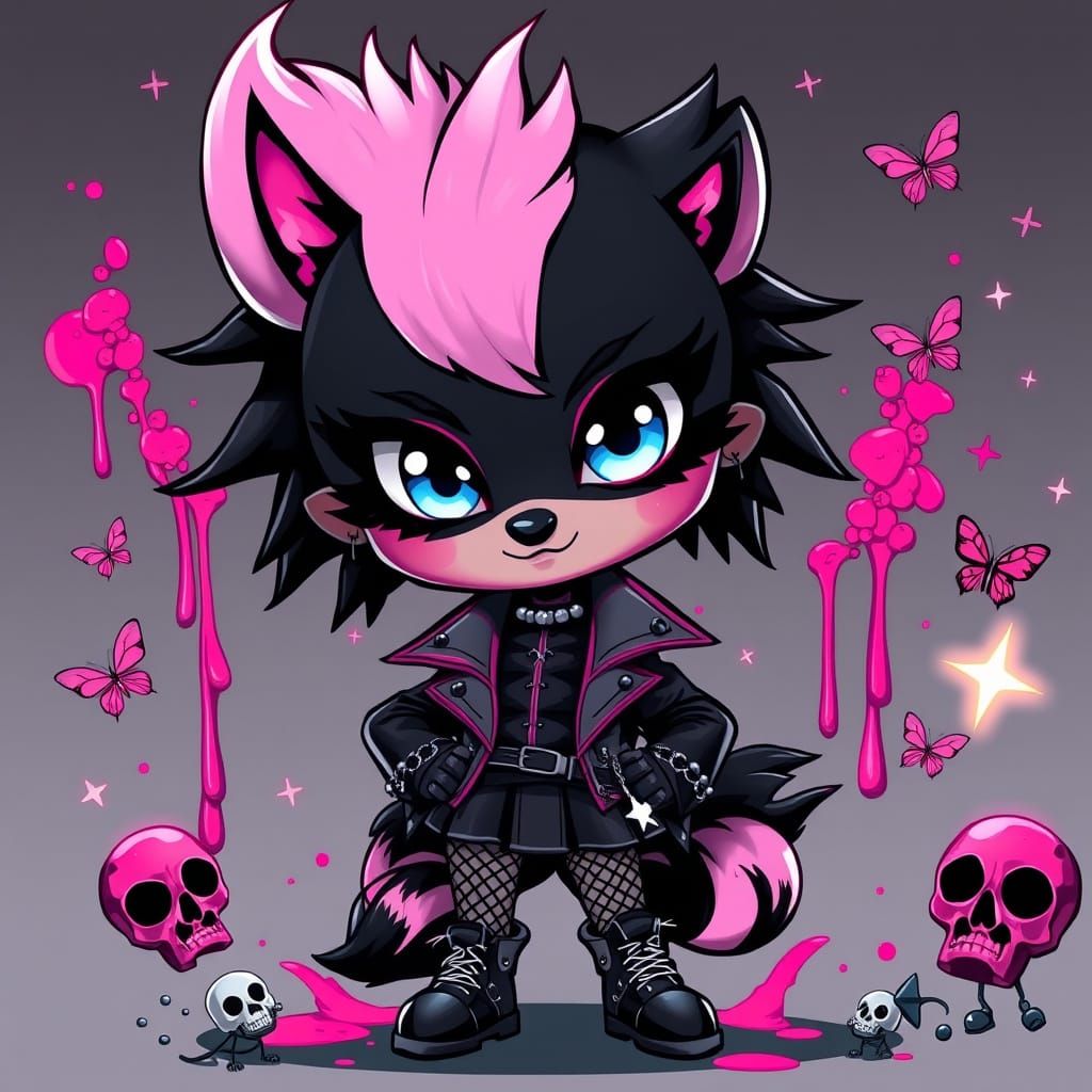 A stylized, cartoon skunk girl dressed in black leather,