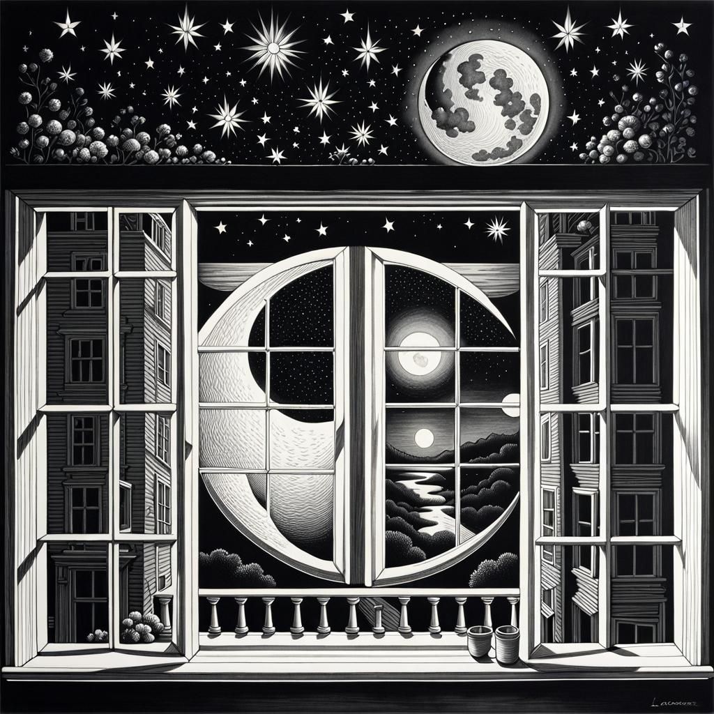 Moonlit Room Optical Illusion in Escher Style