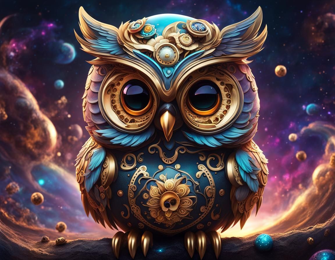 Baroque Steampunk Owl with Galaxy Street Scene