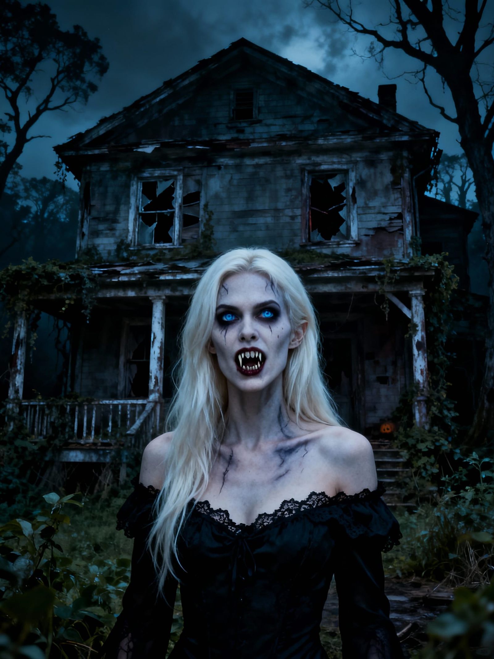 Vampire Woman Before Spooky Dilapidated House
