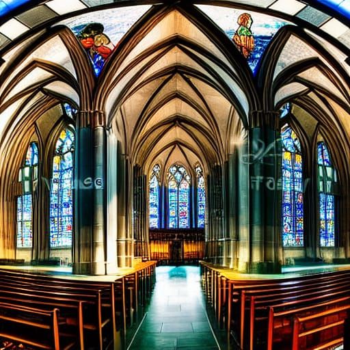 Cathedral Interior Panorama with Stained Glass Windows