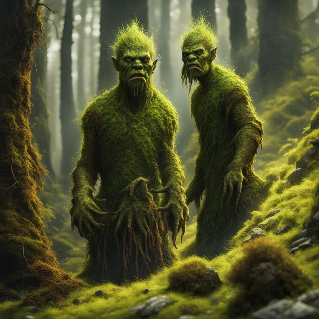 Furious Moss People: Hyperrealistic Splash Art