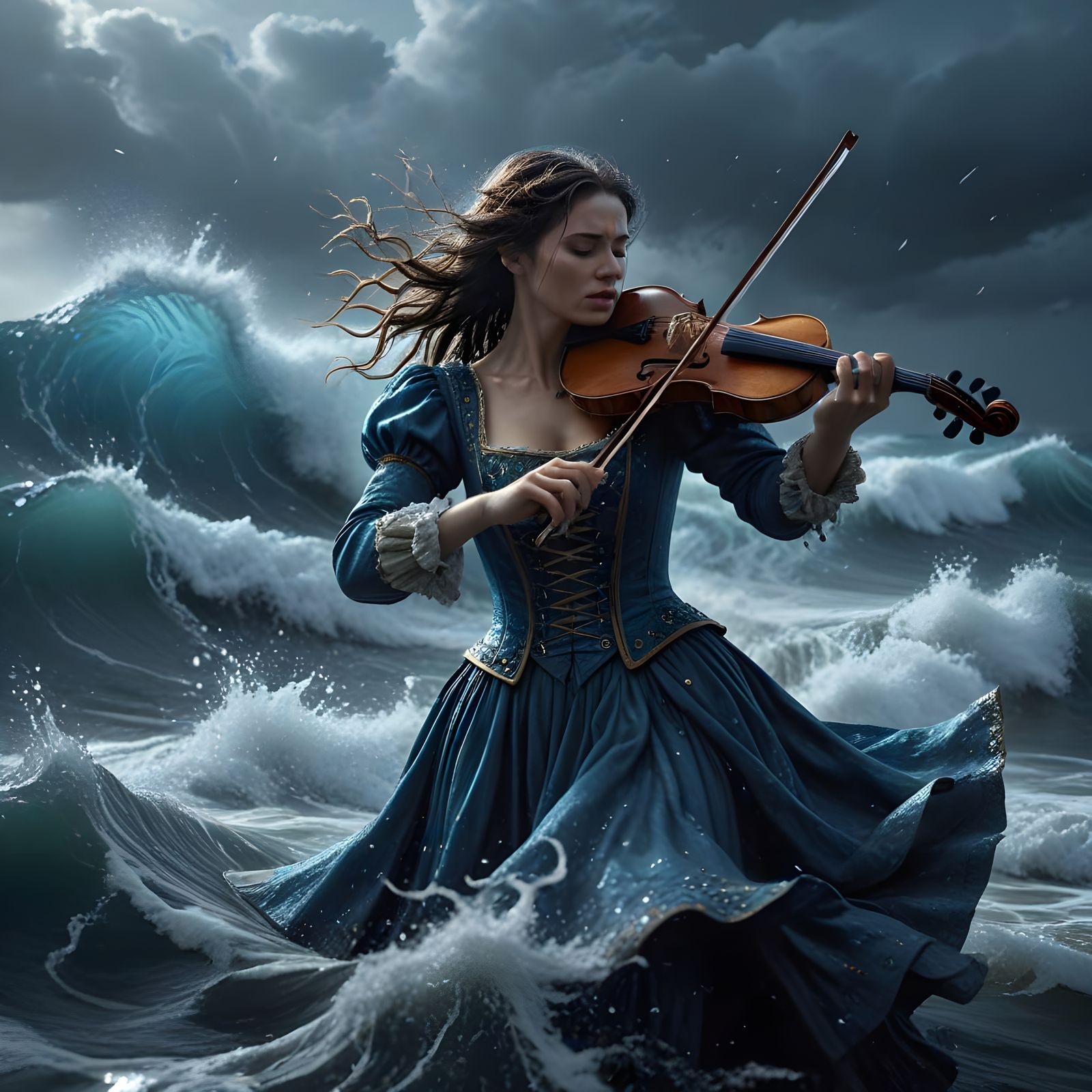 Violinist in Ocean Waves Under Starlit Sky, Epic Fantasy