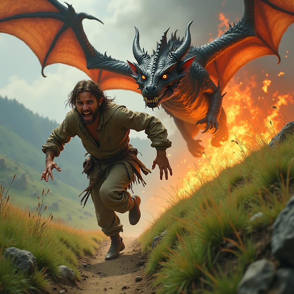 Terrified Elf Flees Dragon in Burning Shire