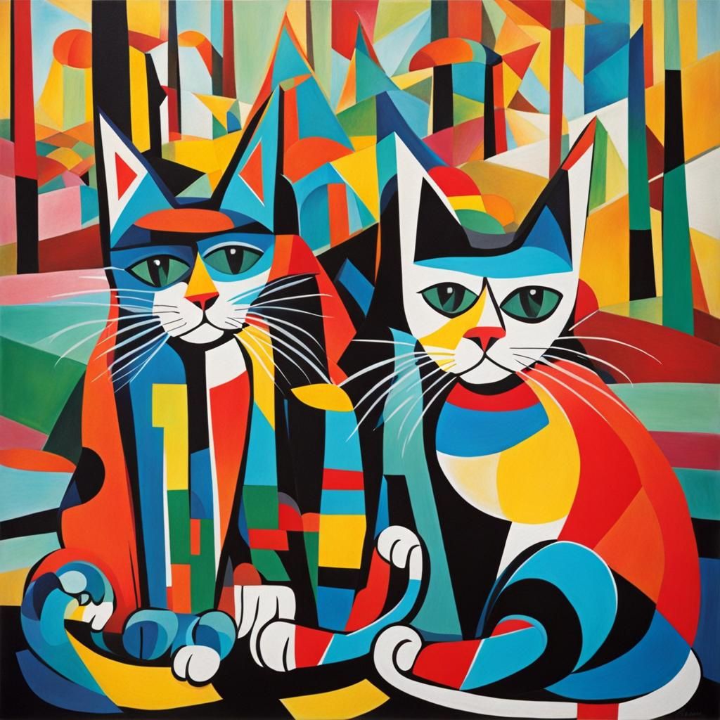 Abstract Cats Playing: Cubist Painting in Picasso Style