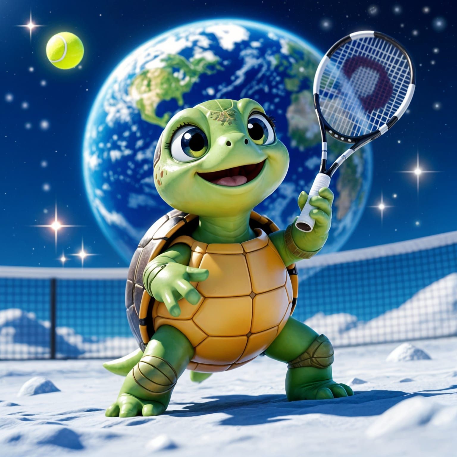 Cartoon Turtle Plays Tennis on the Moon