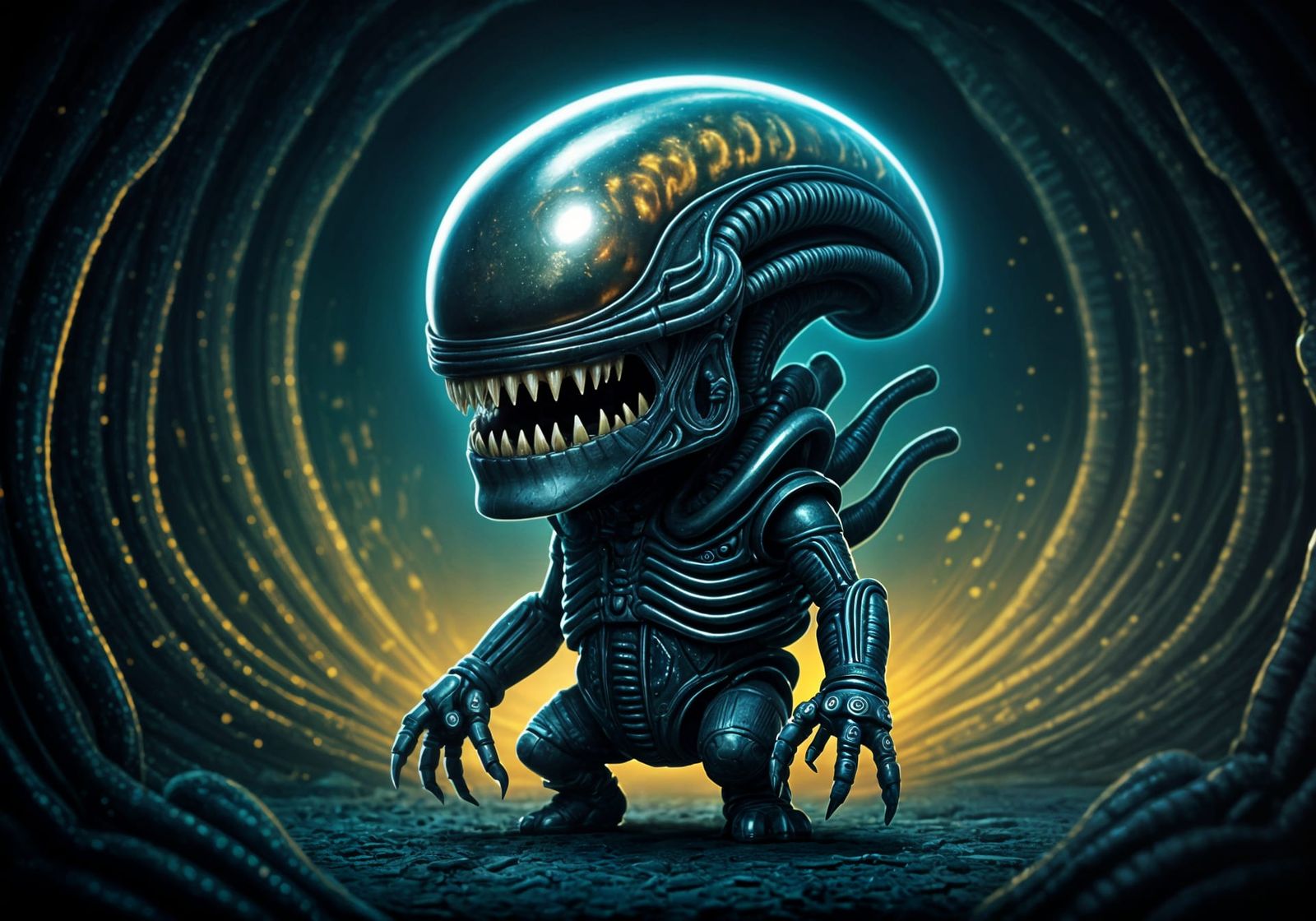 Adorable Biomechanical Xenomorph in Chibi Style