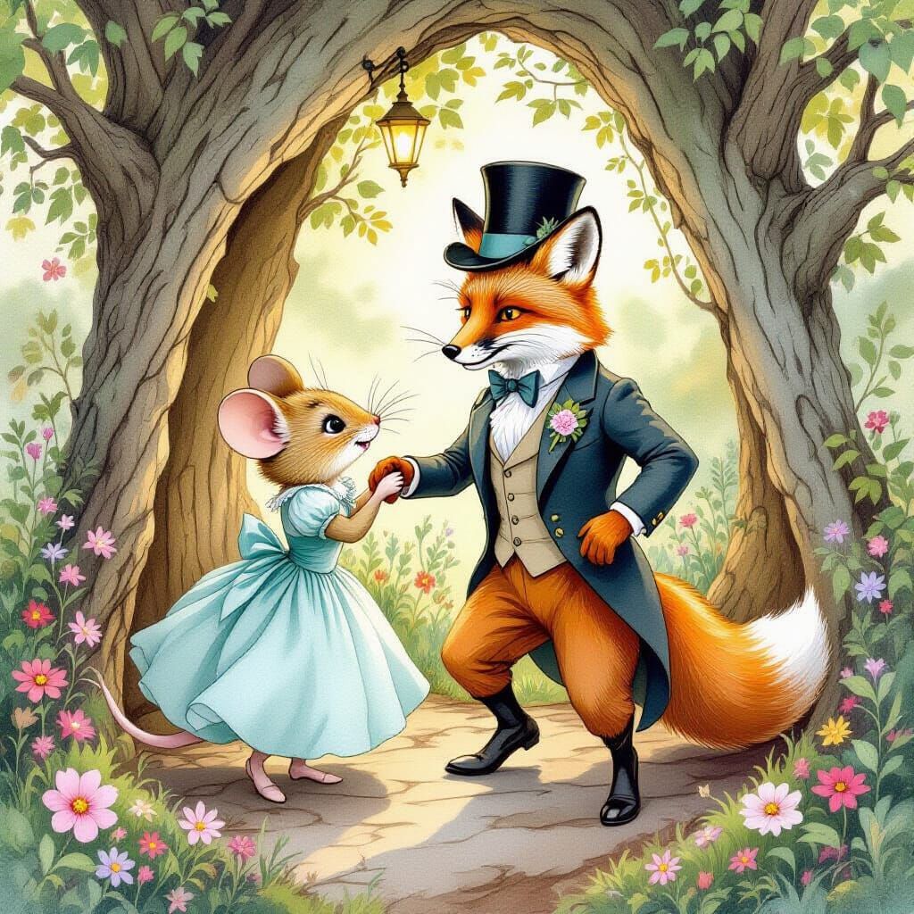 Fox and Mouse Dancing in Tree Trunk Watercolor Style