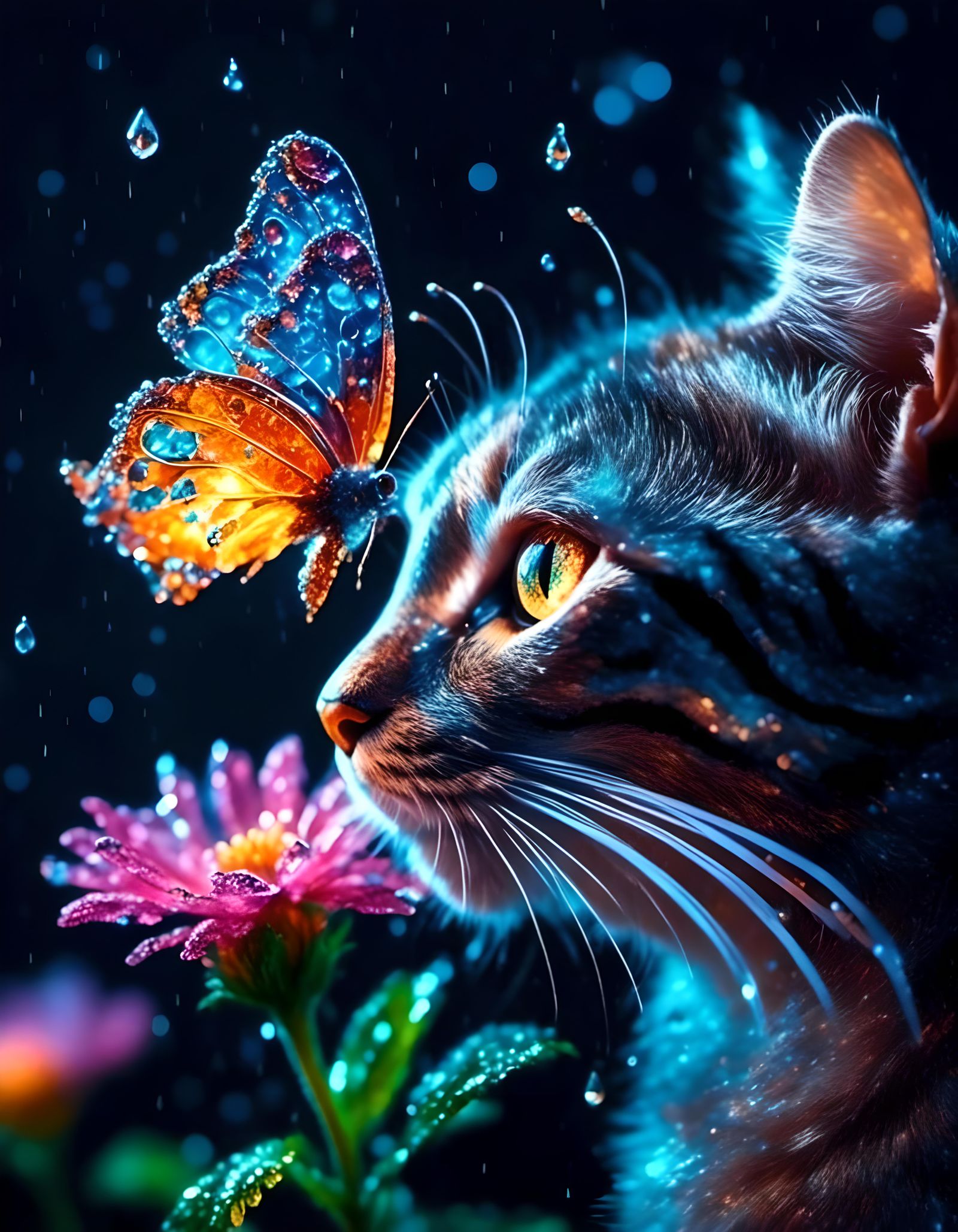 Macro Cat and Butterfly in Dew Drops