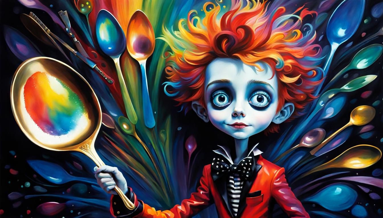 Happy Boy with Spoon Hands in Burtonesque Style