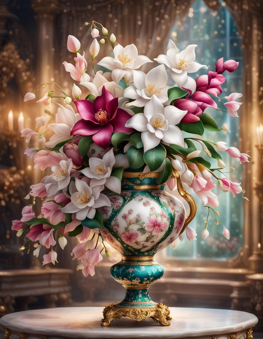 Luxury Rococo Vase with Flowers and Jewels