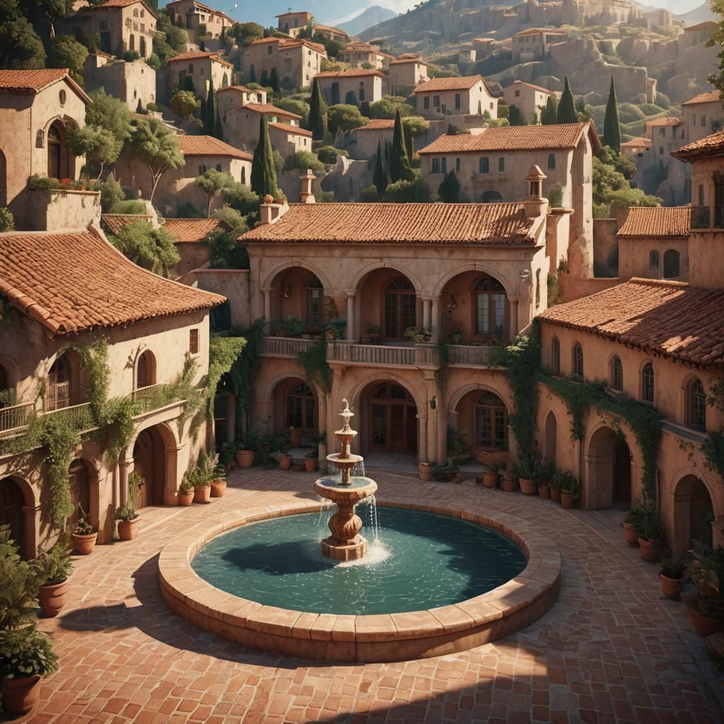 Mediterranean Villa with Fountain in Detailed Matte Painting