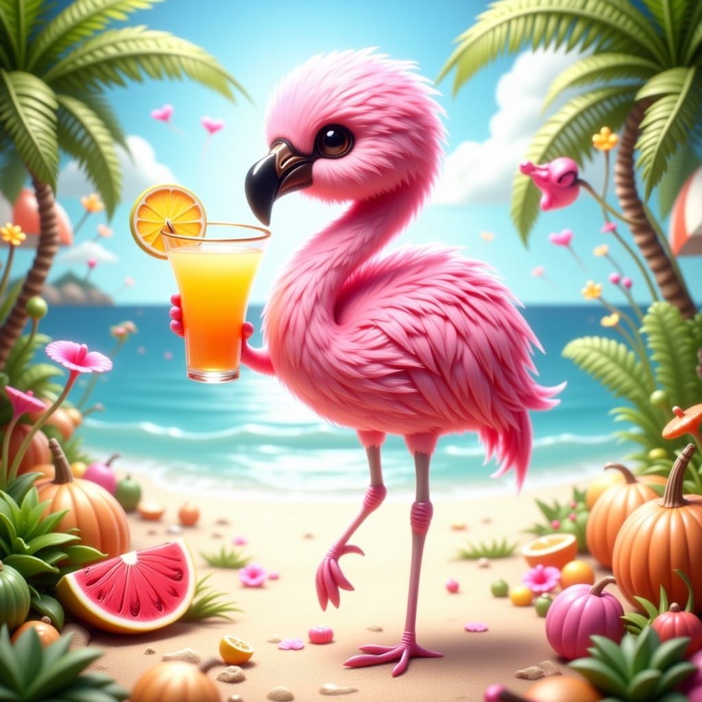 Chibi Flamingo with Margarita on Tropical Beach