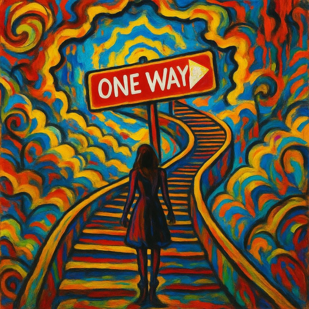 Woman on Stairway to Heaven with One Way Sign
