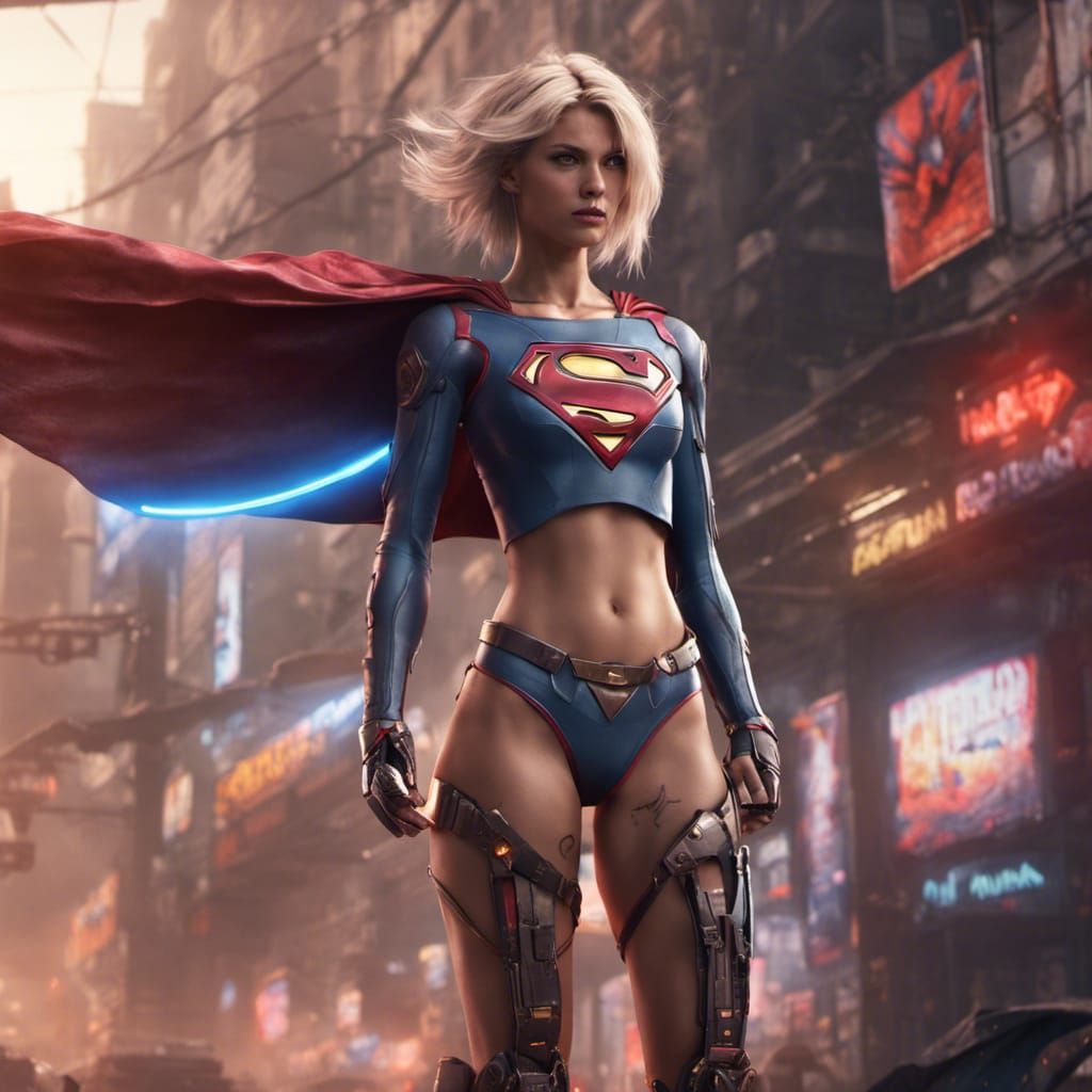 Supergirl in Cyberpunk Outfit: Detailed Matte Painting