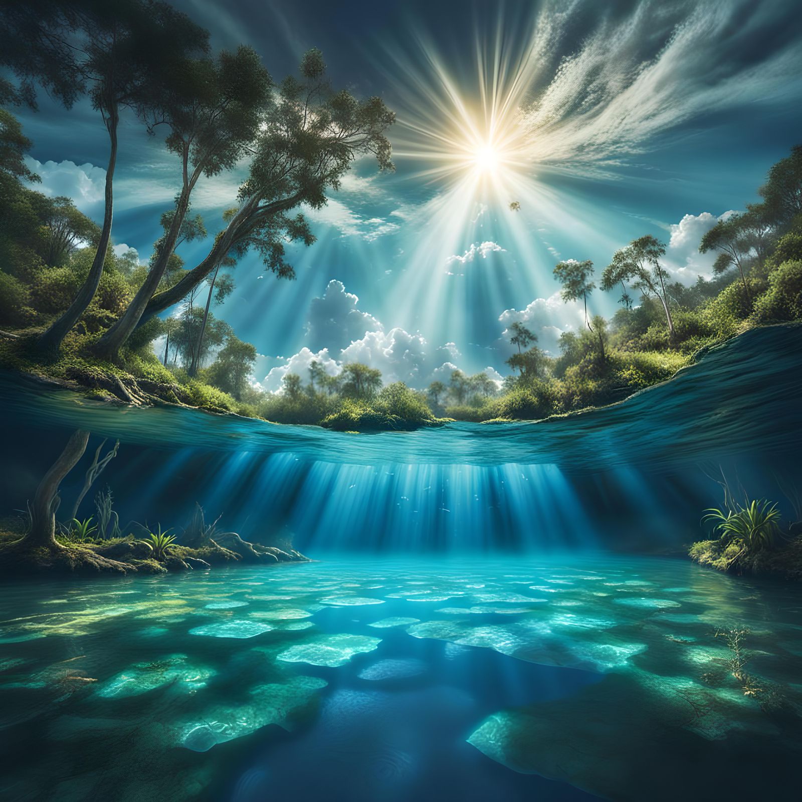 Florida Springs Over-Under View: Light Illuminates Water