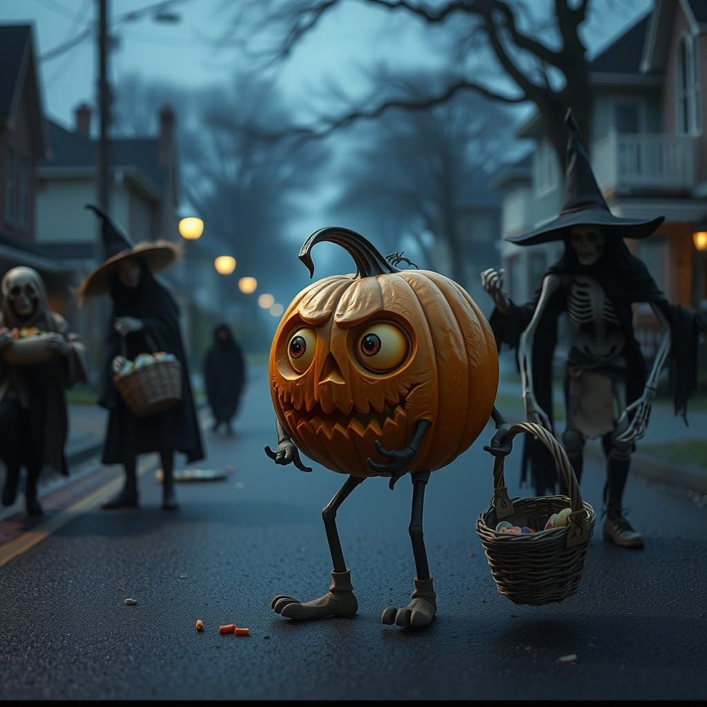 Sad Pumpkin Lost Among Candy-Filled Baskets