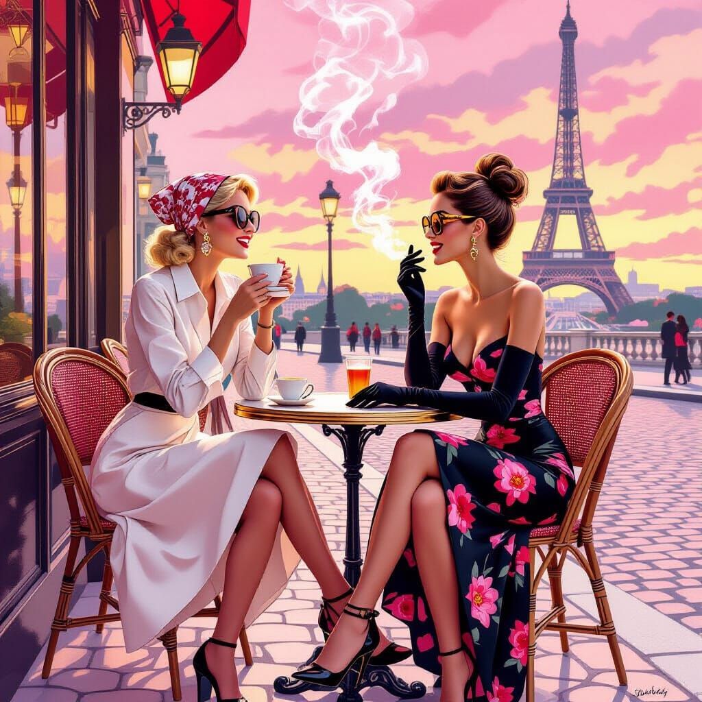 Parisian Cafe Scene: Elegant Ladies Laughing with Eiffel Tow...
