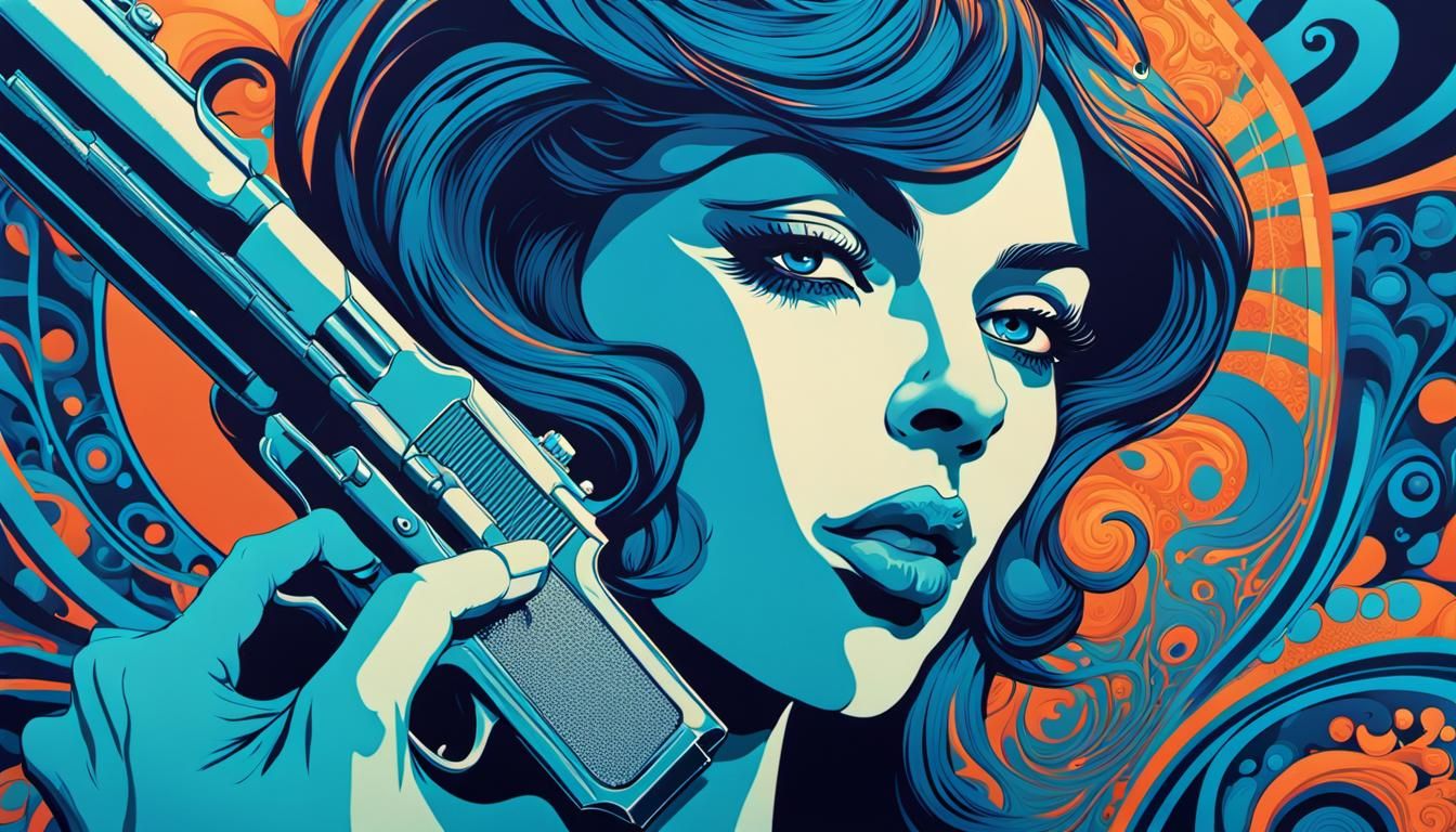 Psychedelic 60s Woman with Gun in Art Nouveau Style