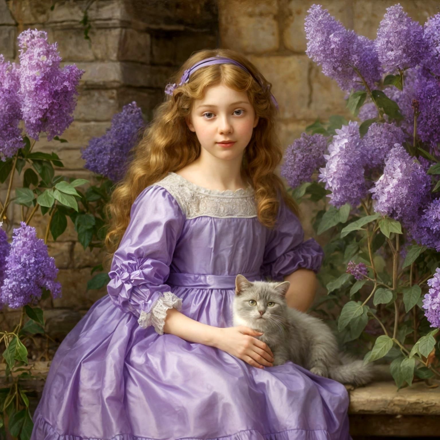 A Young Girl in a Lavender Dress, Surrounded by Spring Bloom...
