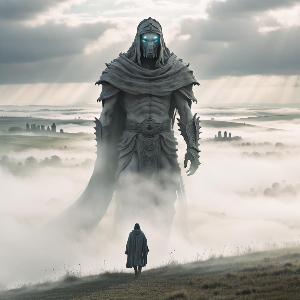 Ominous Colossus Figures in Misty Landscape