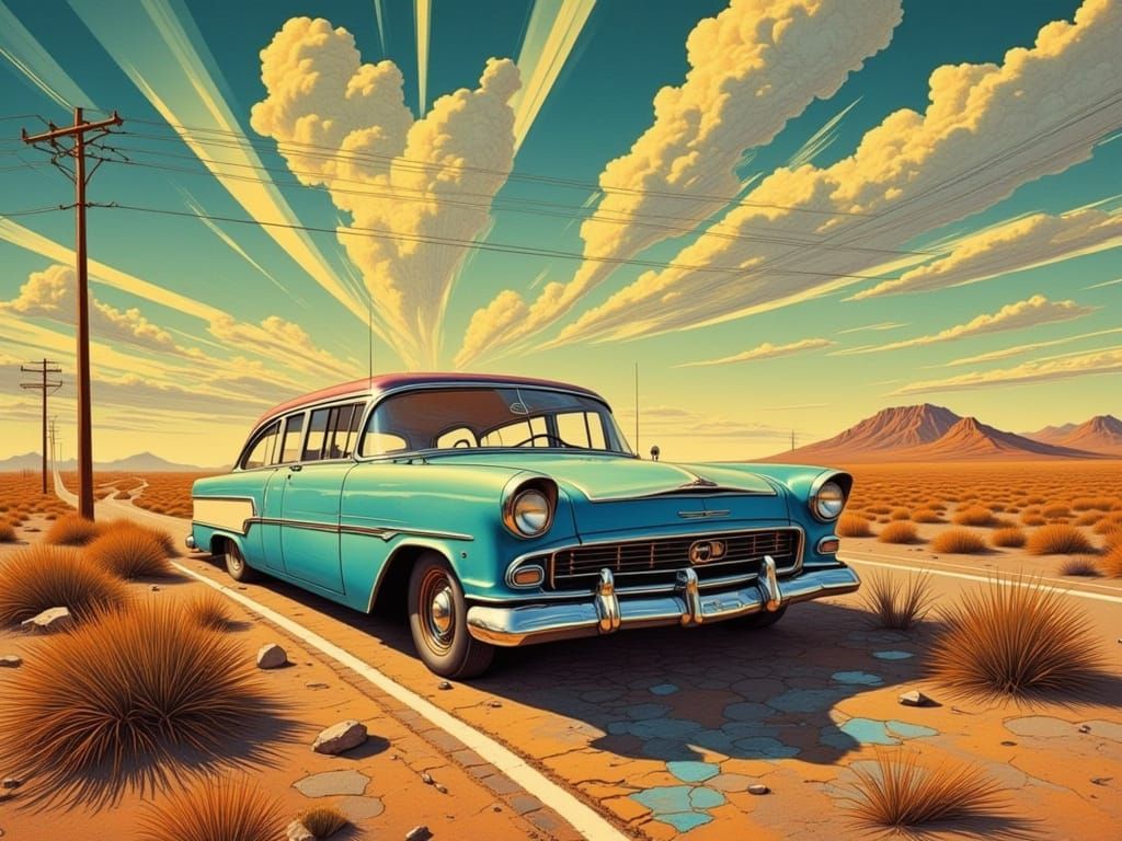 Wrecked 1950s American Car on Desolate Road Fine Art Print
