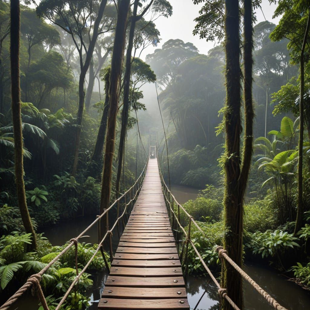 Wooden Bridge Suspended Over Amazon Rainforest
