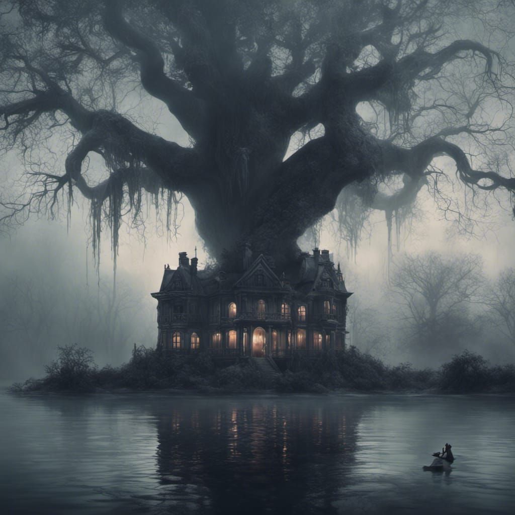 Eerie Haunted Mansion on Dark Lake in Fantasy Art