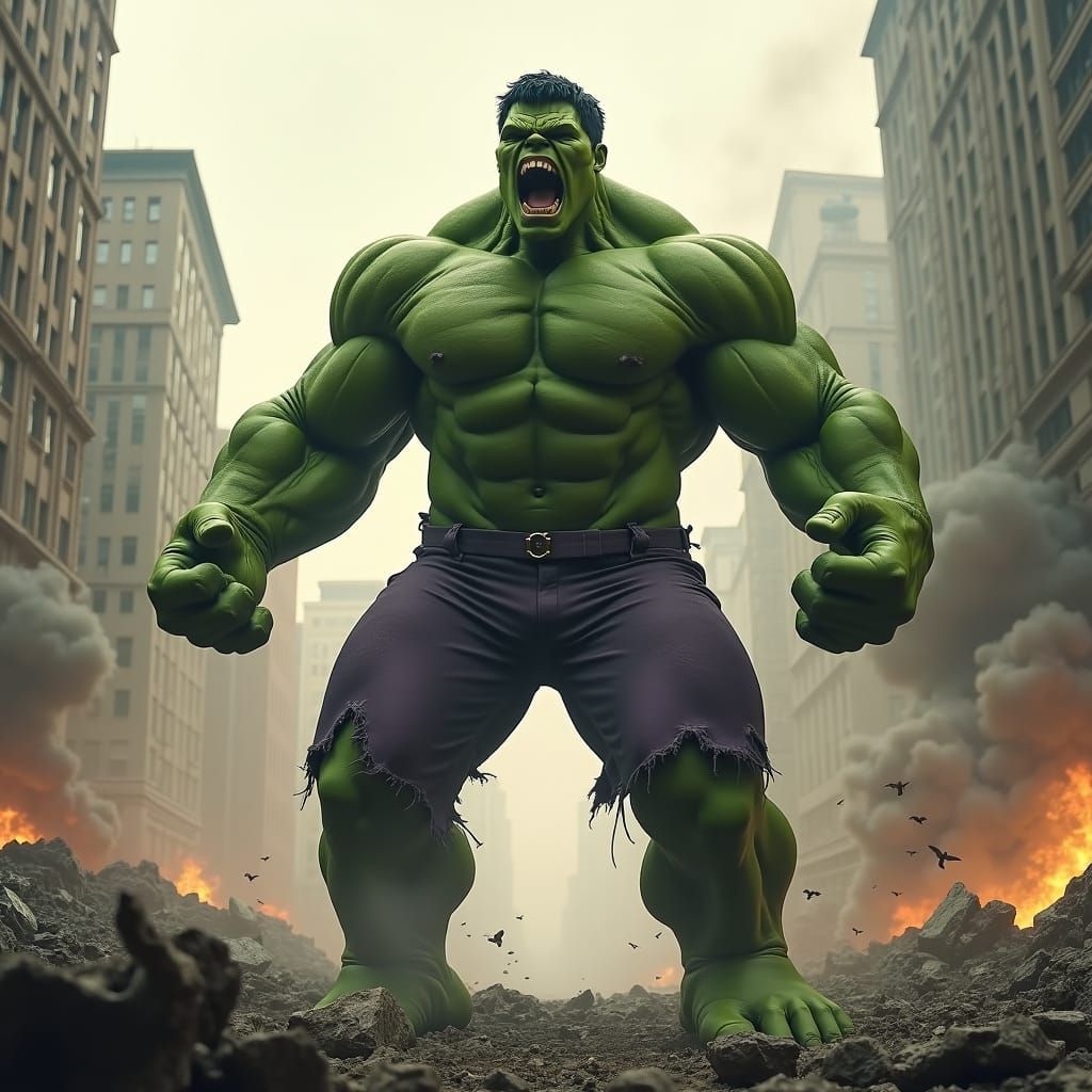 Hulk Roars in Post-Apocalyptic Cityscape, Photorealistic 4K