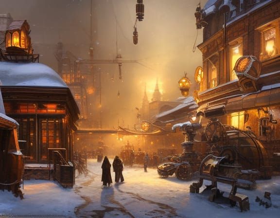 Snowy Steampunk City with Hyperrealistic Machines