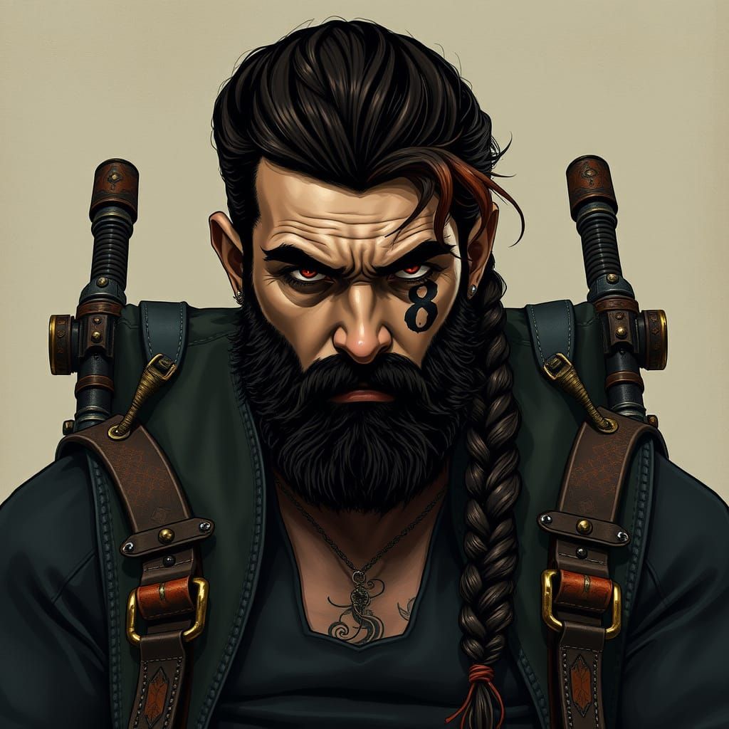 Cyberpunk Man with Brooding Gaze in Vintage Wheelchair Tatto...