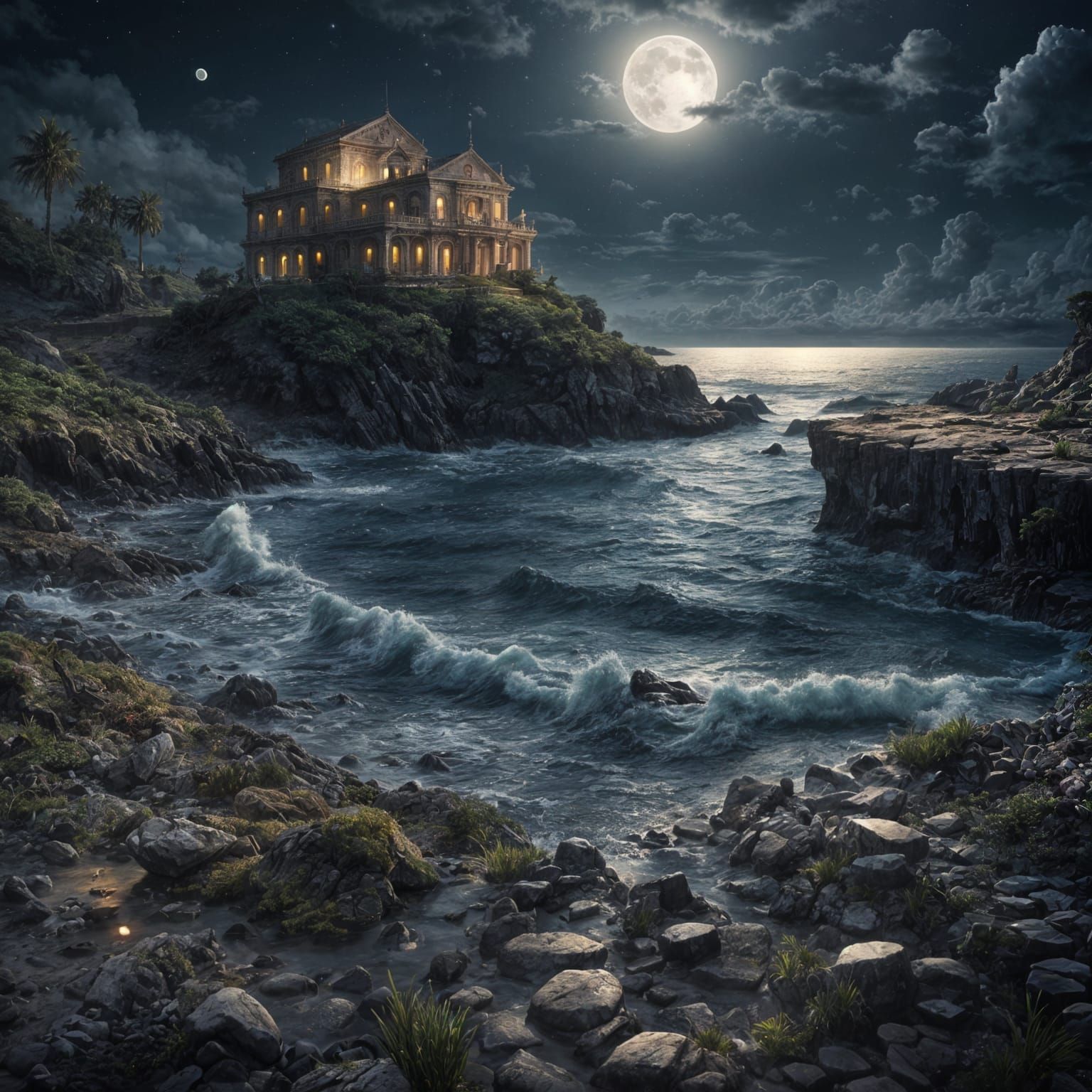 Epic Moonlit Tidepools Digital Matte Painting