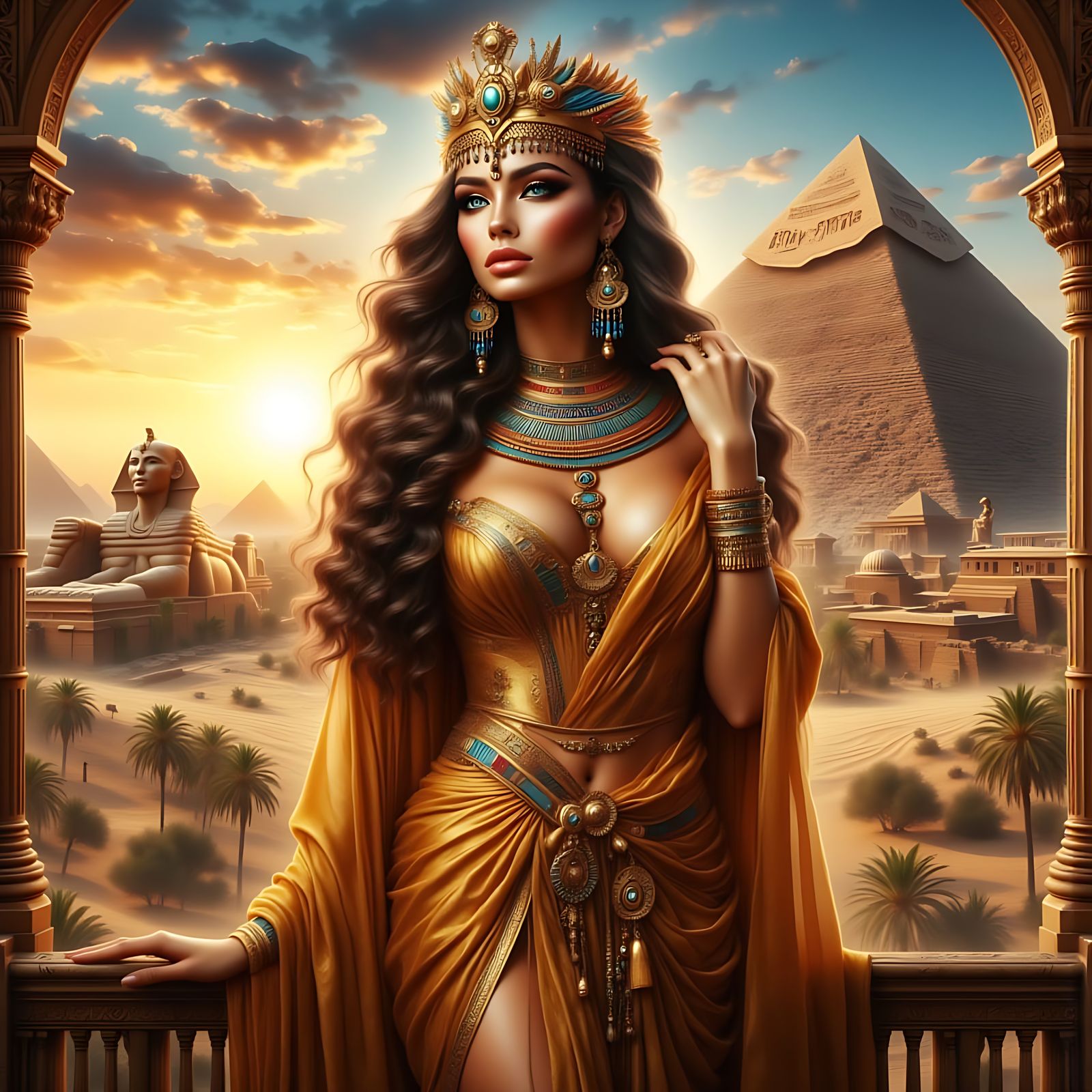 Majestic Egyptian Queen on Desert Balcony at Sunset