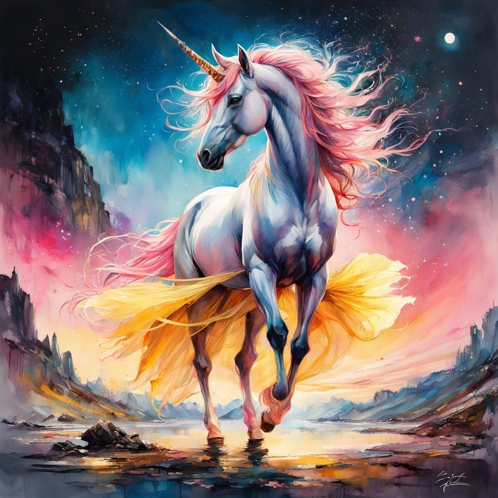 Pink Unicorn Ballerina in Watercolor Sci-Fi Scene