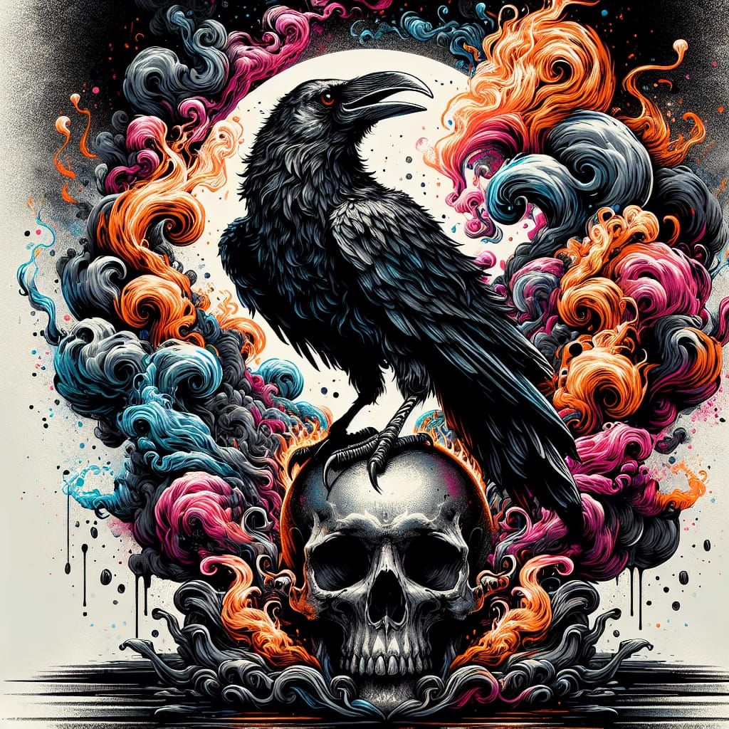 A crow composed entirely of smoke and fire in various colorf...