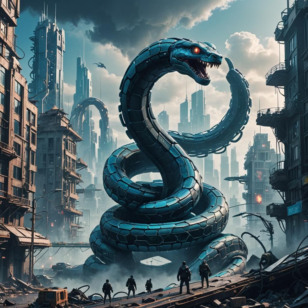 Cyberpunk Snake Destroys Futuristic Cityscape in 3D