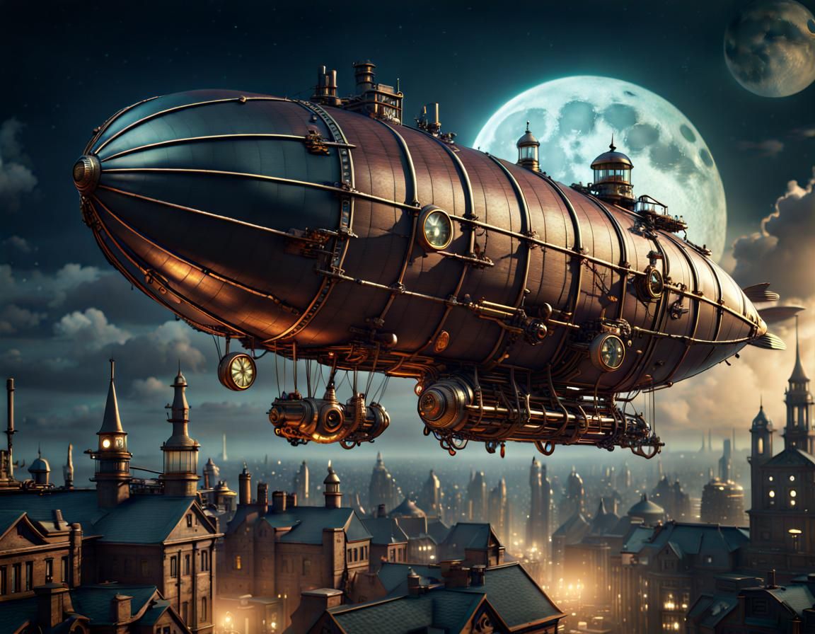 Steampunk Zeppelin Over Industrial City at Night