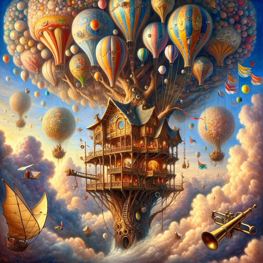 Surreal Treehouse soars above Clouds in Luxurious Oil Paint