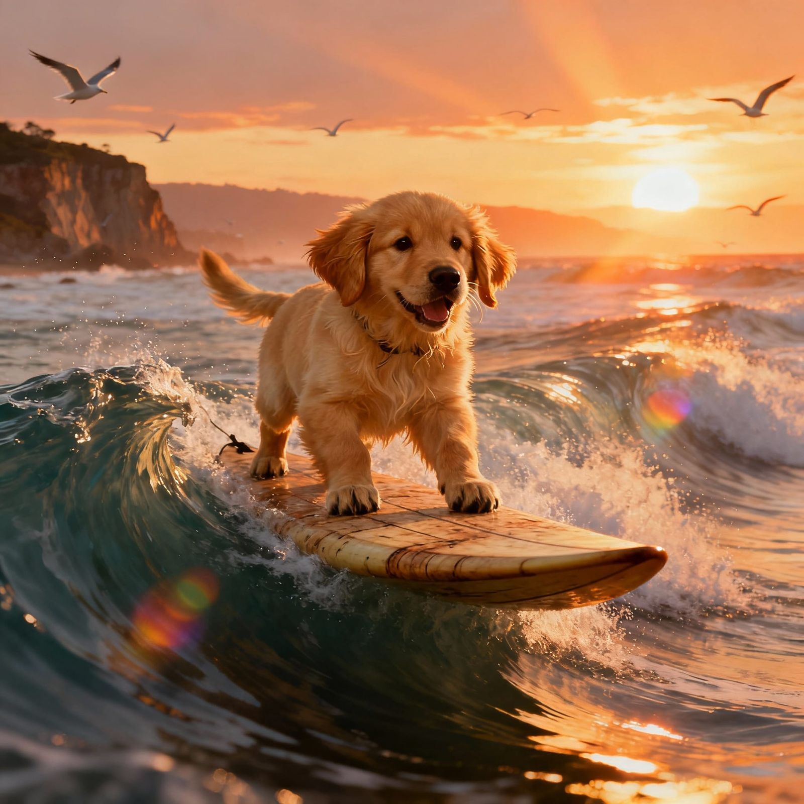 Golden Retriever Puppy Surfing at Sunset Matte Painting