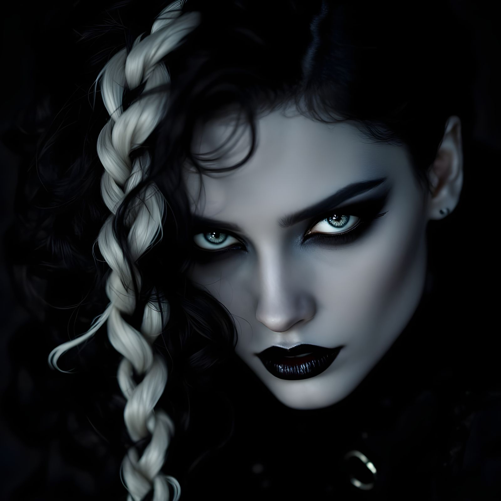 Gothic Woman with Piercing Eyes and Dramatic Makeup