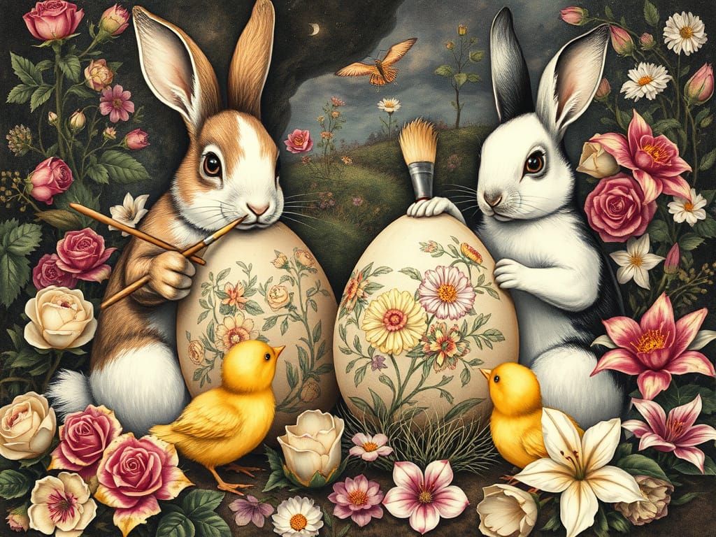 Rabbits and Chicks Painting Easter Eggs: Vintage Charcoal Dr...
